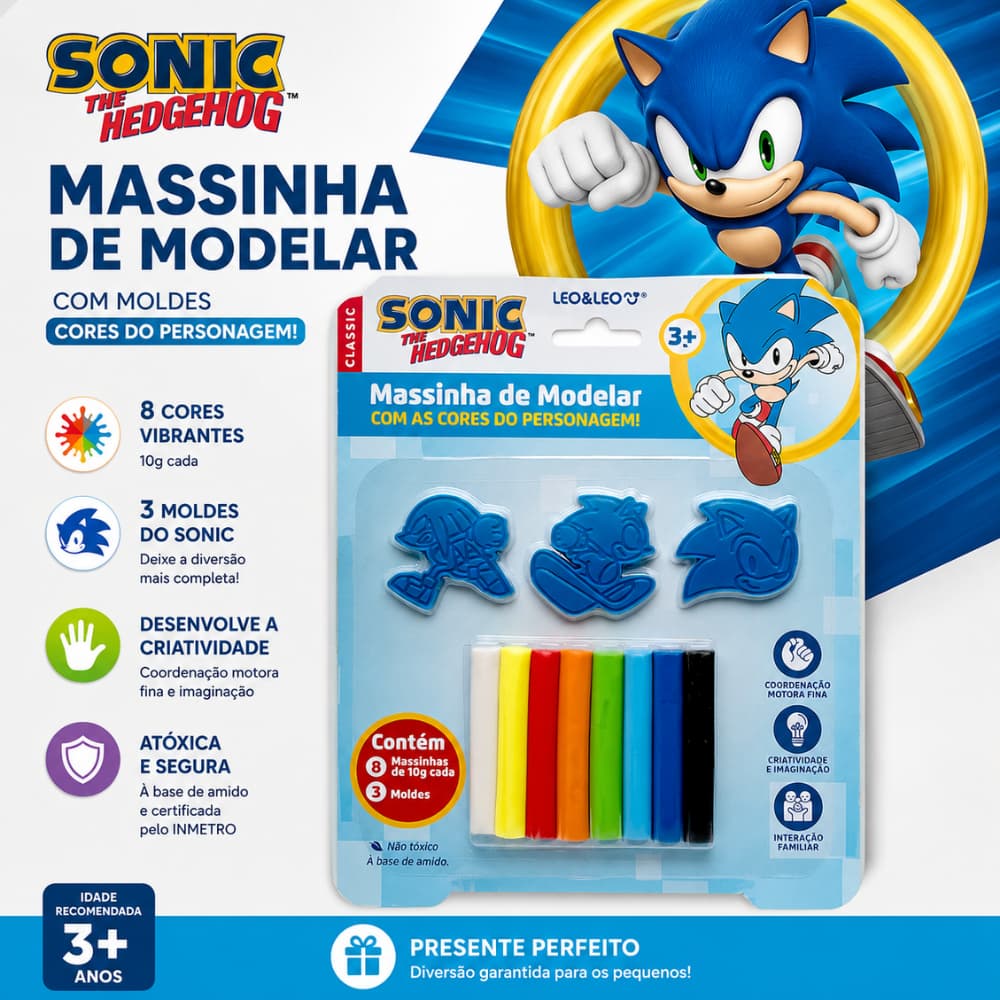 Massinha de Modelar Infantil Sonic 8 Cores Atóxica + 3 Moldes Criança Brinquedo Educativo INMETRO