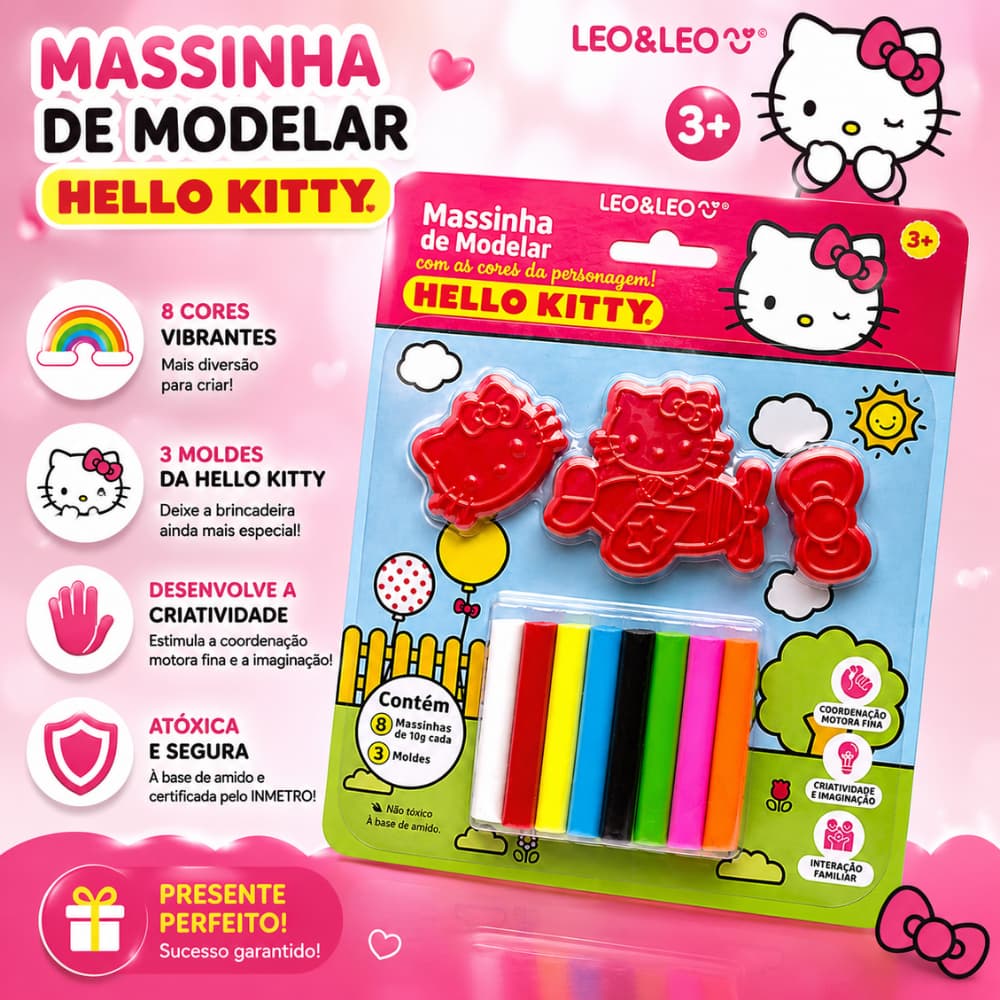 Massinha de Modelar Hello Kitty com 8 Cores e 3 Moldes Brinquedo Infantil Atóxico Educativo INMETRO
