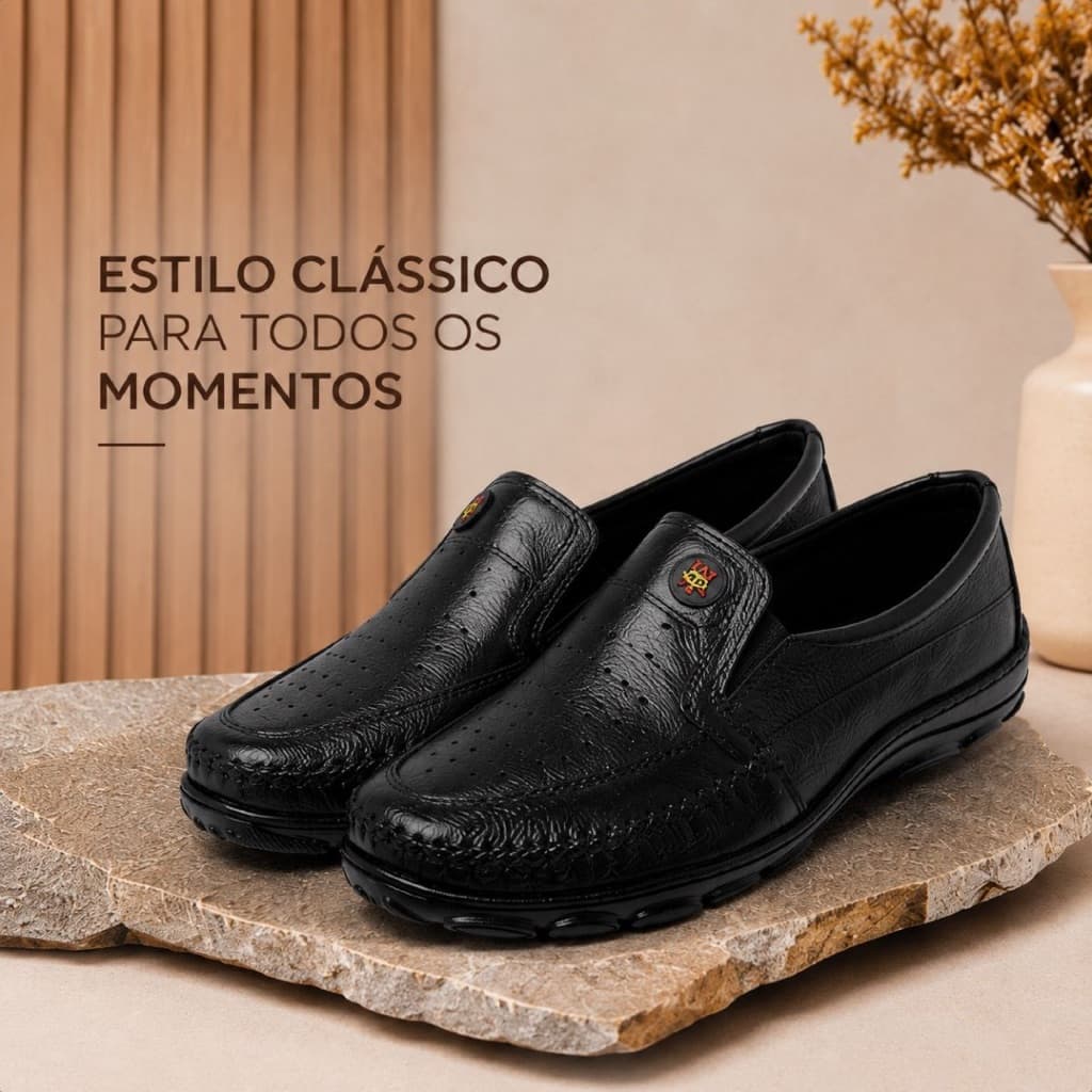 Sapato Mocassim Preto Masculino Couro Legítimo Original Sapatilha Ortopédica Conforto