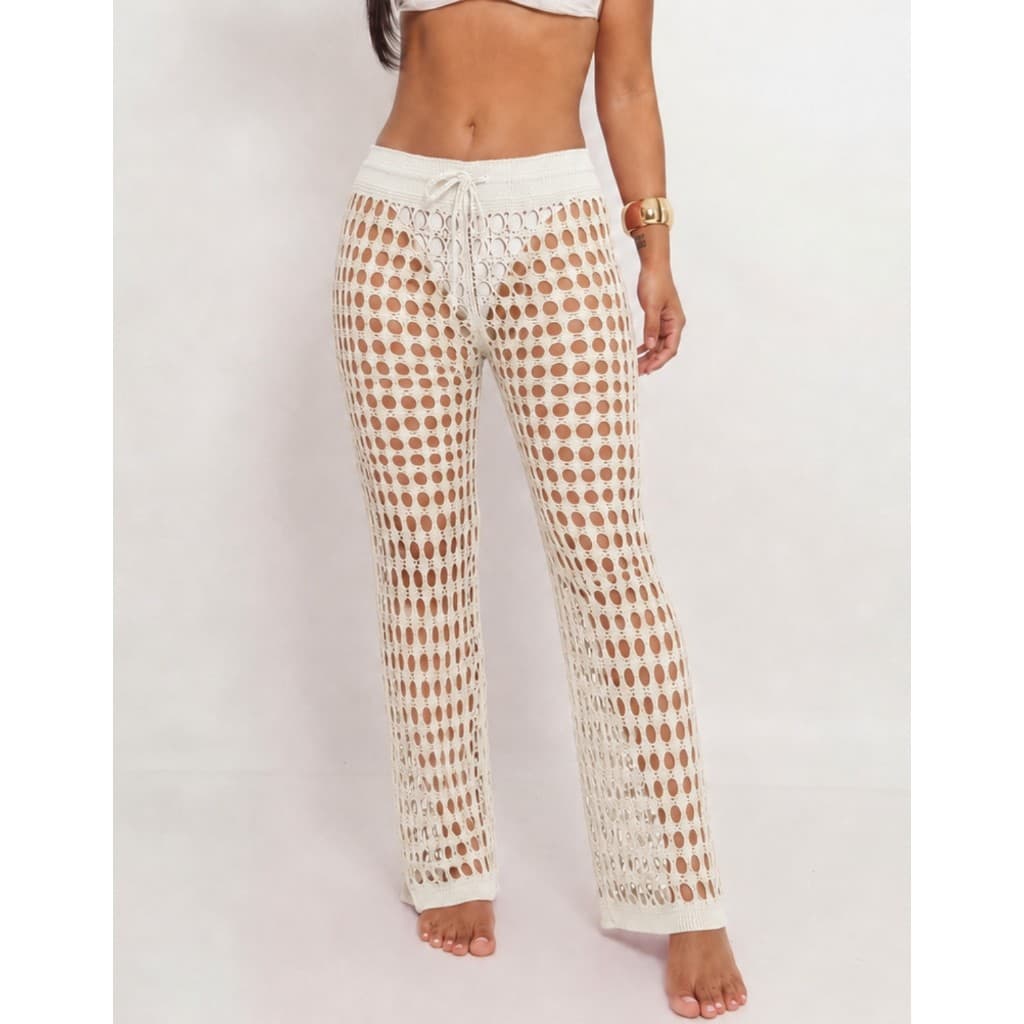 Calça Feminina Tricot Croche Saida De Praia Pantalona Verão