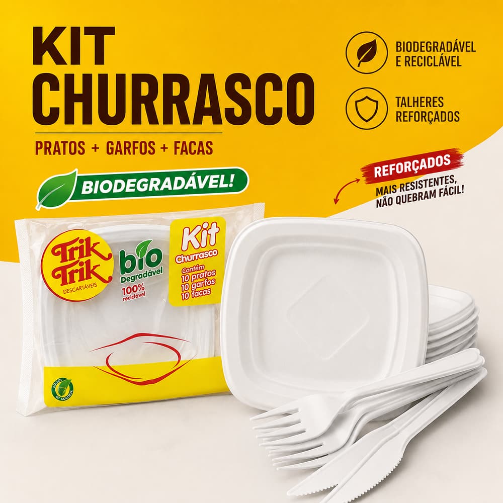 KIT Descartável churrasco - 10 pratos e 10 garfos reforçados e 10 facas reforçadas