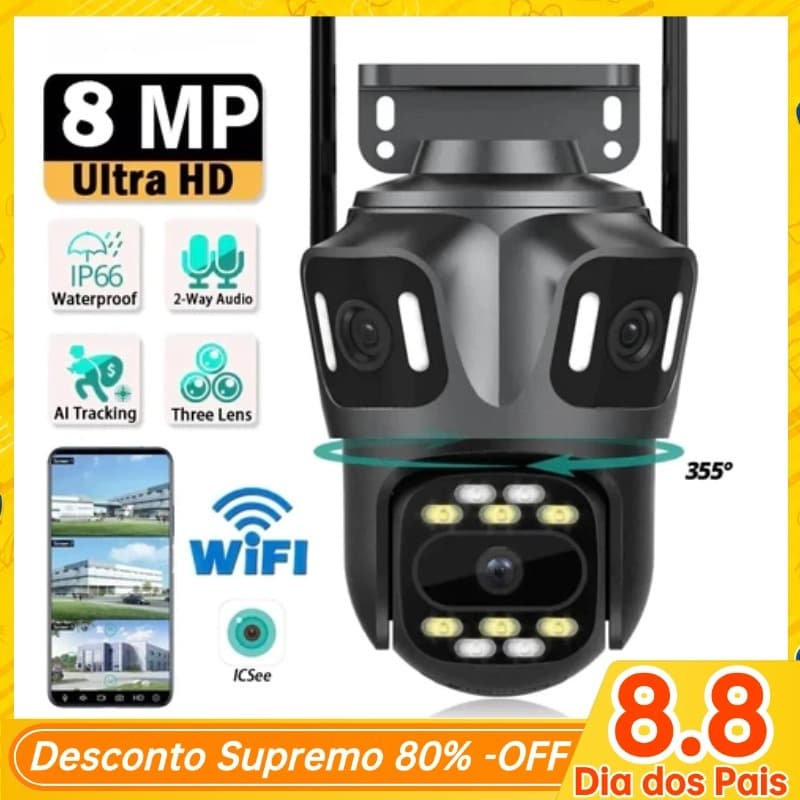 Câmera De Segurança 3 Lentes Wi-Fi 8K Full HD 360° IP66 Com Sirene Visão Noturna Externa Microfone-P15-SP3