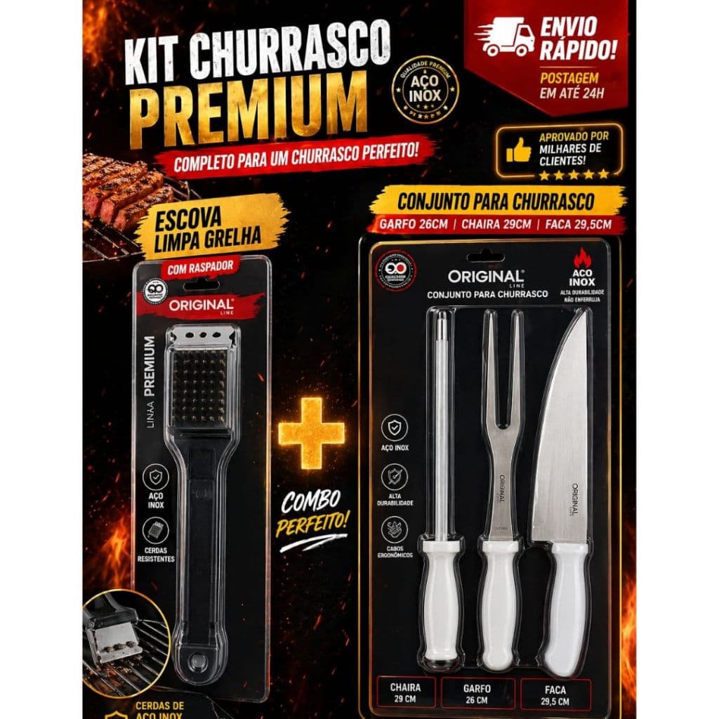 Kit Churrasco 4 Peças Faca Garfo Chaira Escova Limpa Grelha Aço Inox Profissional Envio Rápido