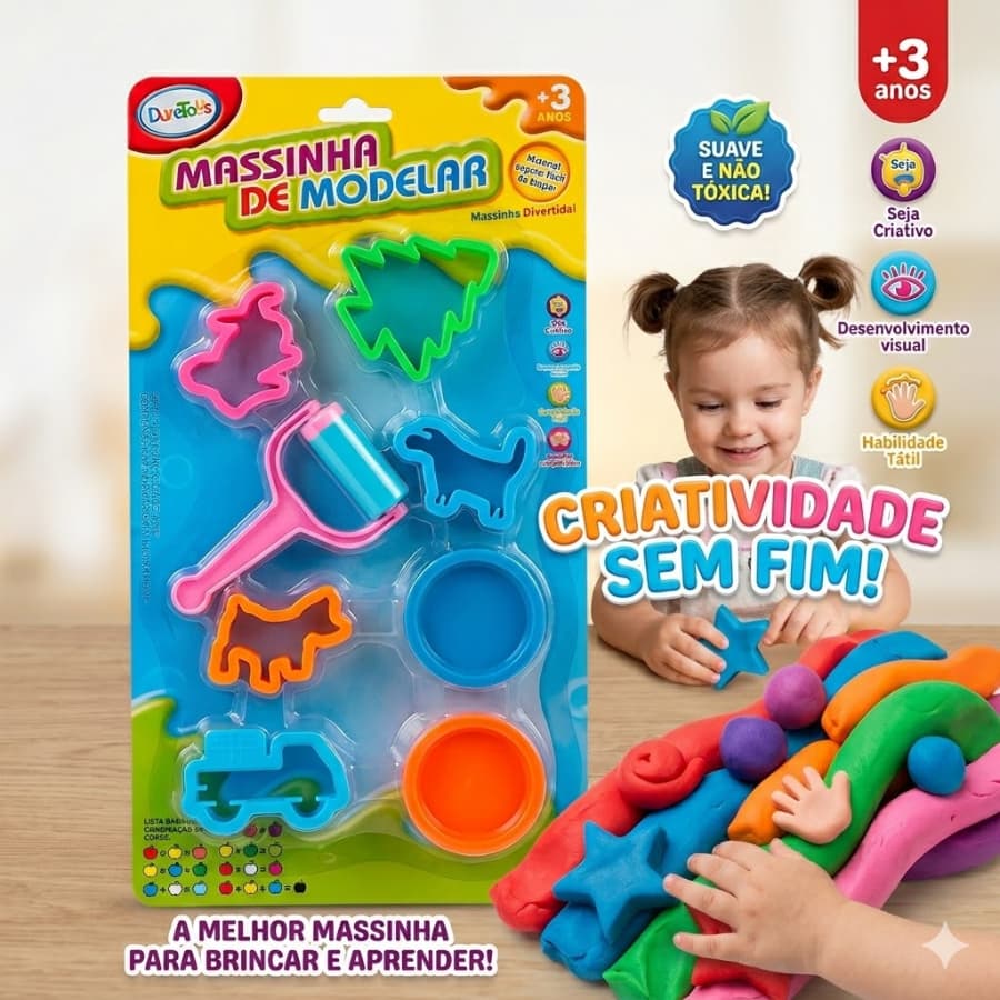 Massinha De Modelar Diversão C/ Forminhas E 8 Cores Massa Cor Colorido