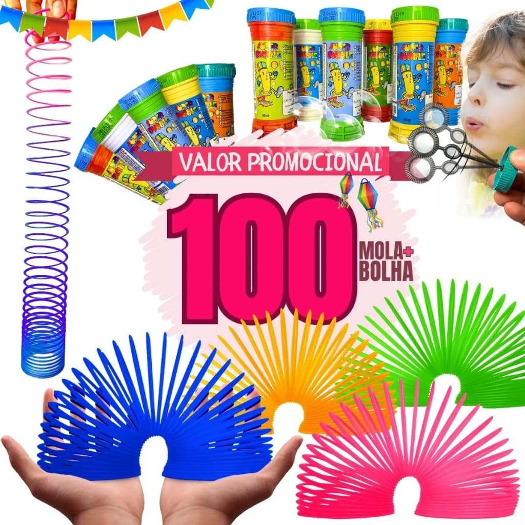 Kit 100 Bolha de Sabão + Mola Maluca Lembrancinha Prenda Festa Junina Aniversário Brinde Criança