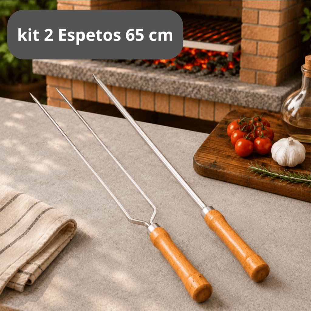 Kit Espeto Duplo e Simples 65 cm Para Churrasco Aço Cromado Cabo Madeira Para Churrasqueira Oferta