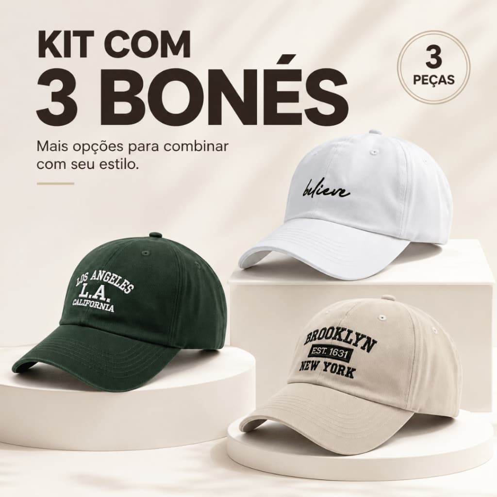 Kit 3 Bonés Basebol Ny New York Brooklyn Aba Curva Masculino Feminino Regulagem Fitão Ajustavel