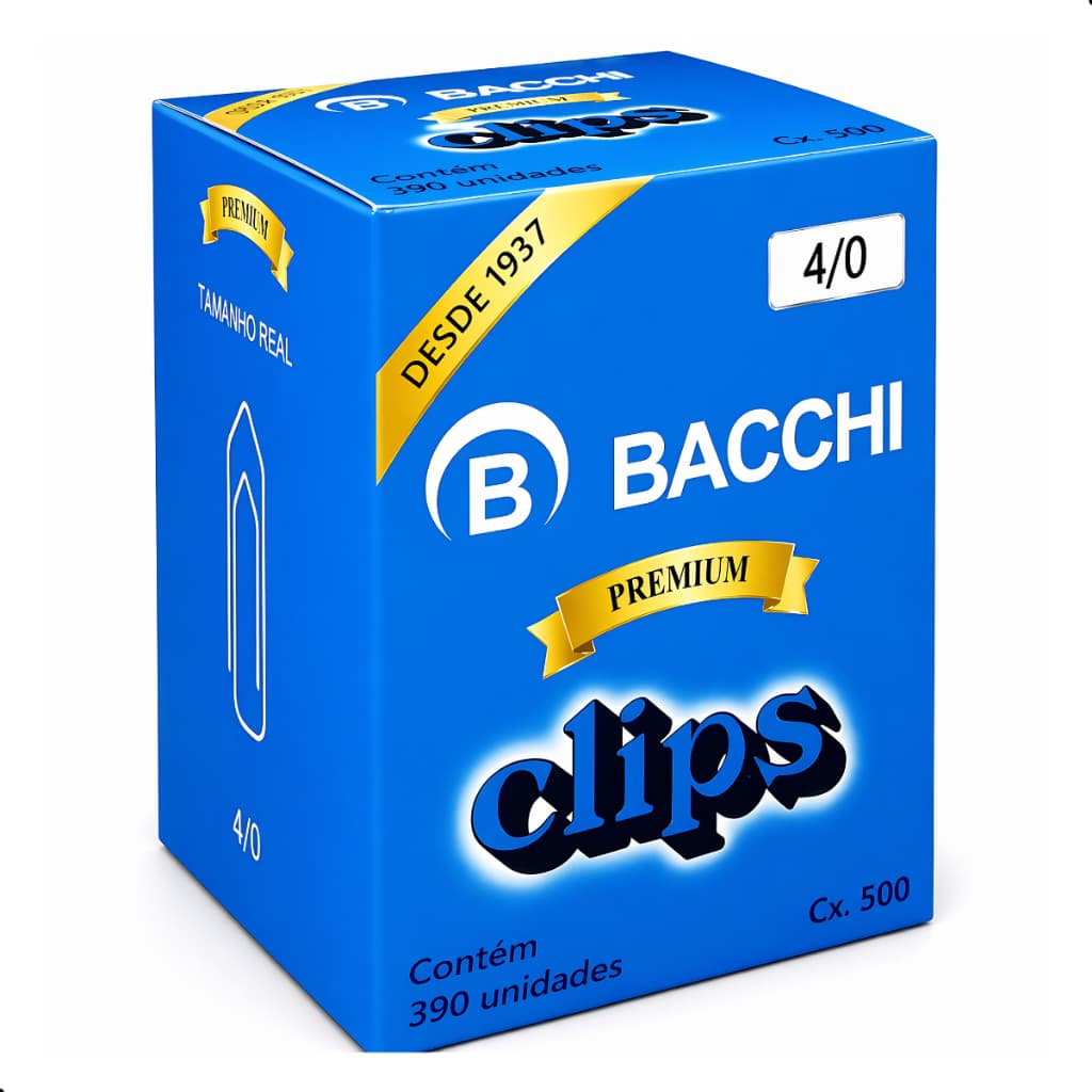 Clips Bacchi 4/0 Premium 390 Unidades Aço Galvanizado Alta Resistência Escritório