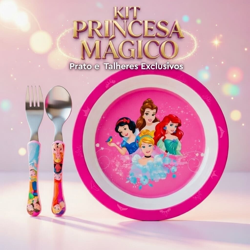 Kit Prato e Talheres Infantil Temático das Princesas Material Melanina