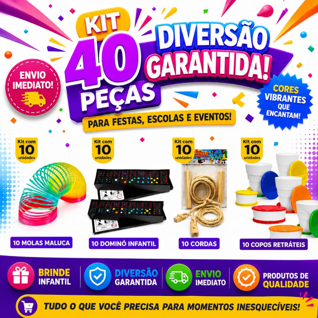 Kit Brinquedos 40 Itens Festa Infantil Lembrancinha Brinde Mola Dominó Corda Copo