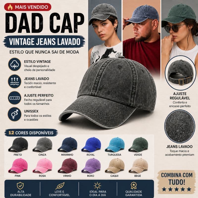 Boné Vintage Jeans Lavado Aba Curva Ajustável Unissex Casual Retro Algodão Estilo Dad Cap