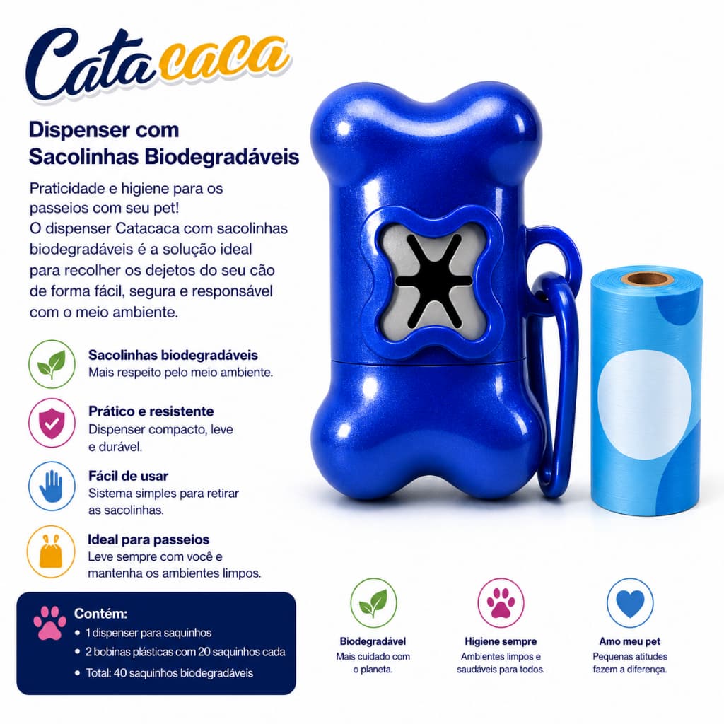 Cata Caca Kit Suporte Azul para Coleira + 2 Refil 20 Saquinhos Savana Pet
