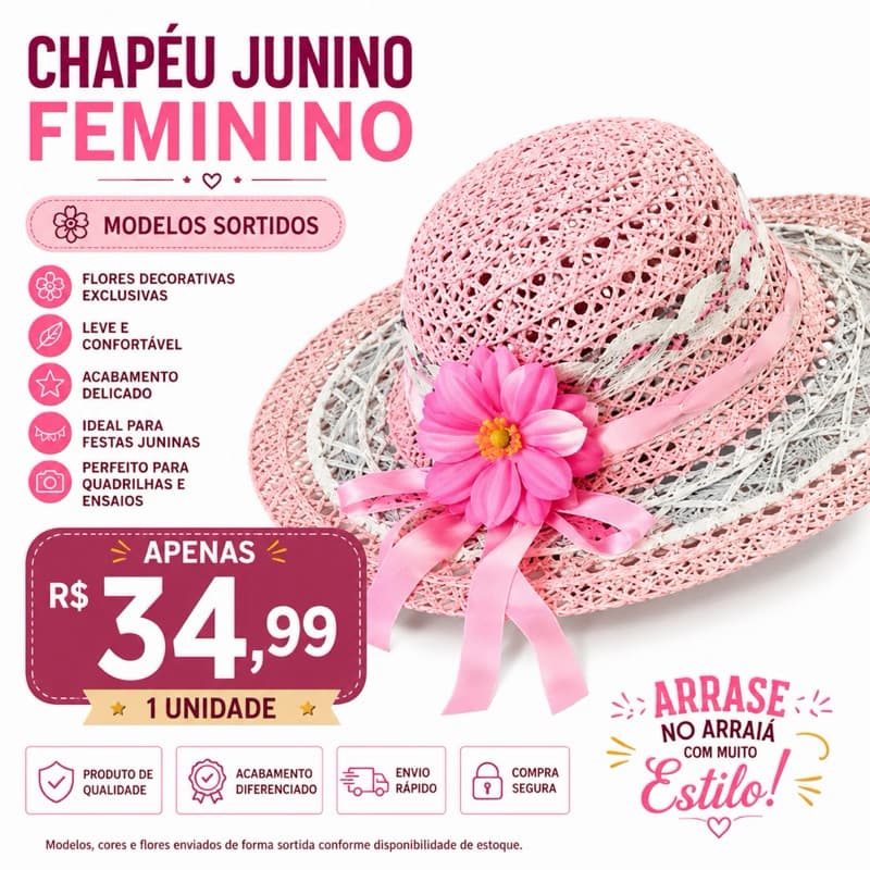 CHÁPEU JUNINO FEMININO MODELOS SORTIDOS FESTA JUNINA