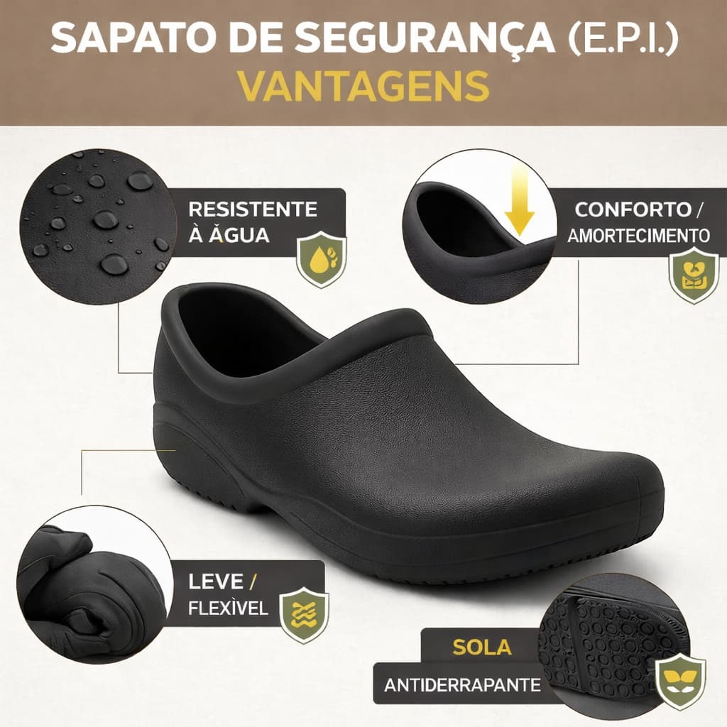 Sapato EPI Impermeável Antiderrapante Super Conforto Trabalho