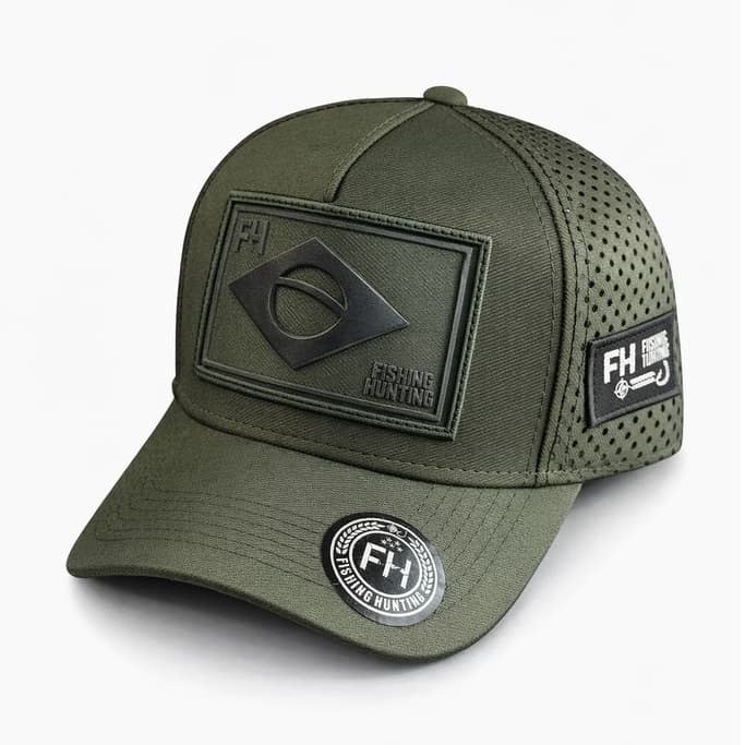 Boné Trucker Caça e Pesca Verde Militar Aba Curva Snapback Ajustável Tela