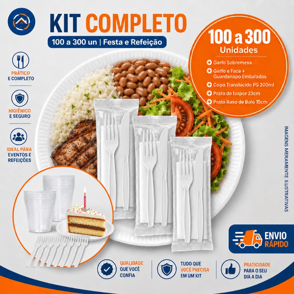 Kit Festa e Churrasco Prato Isopor 23cm + Prato Bolo 15cm + Copo 200ml + Talheres Embalados KIT c/100 200 300un