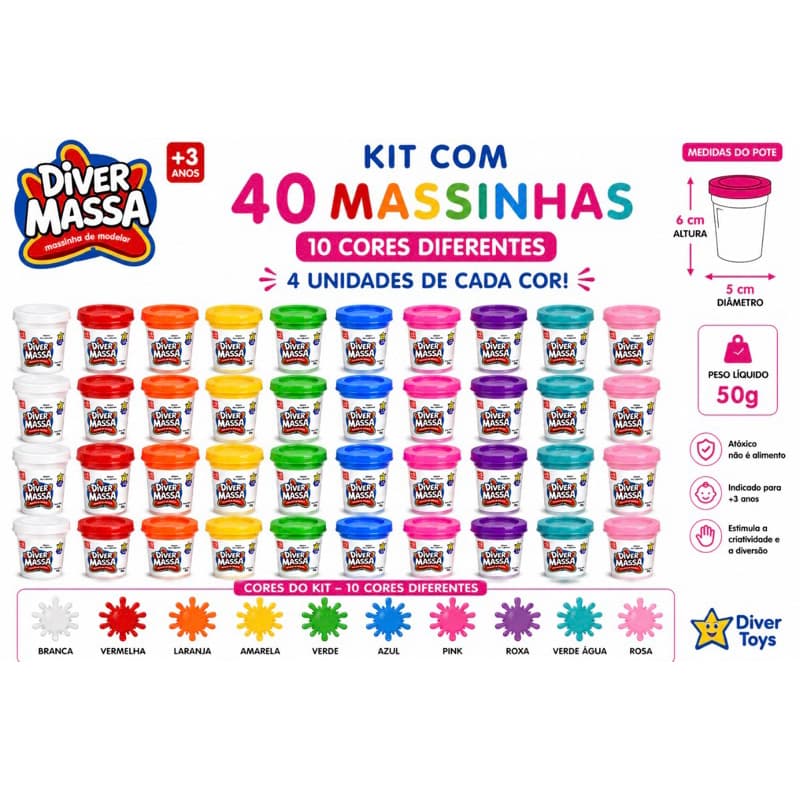 Kit 40 Potes Potinho De Massinha Massa De Modelar Divertoys