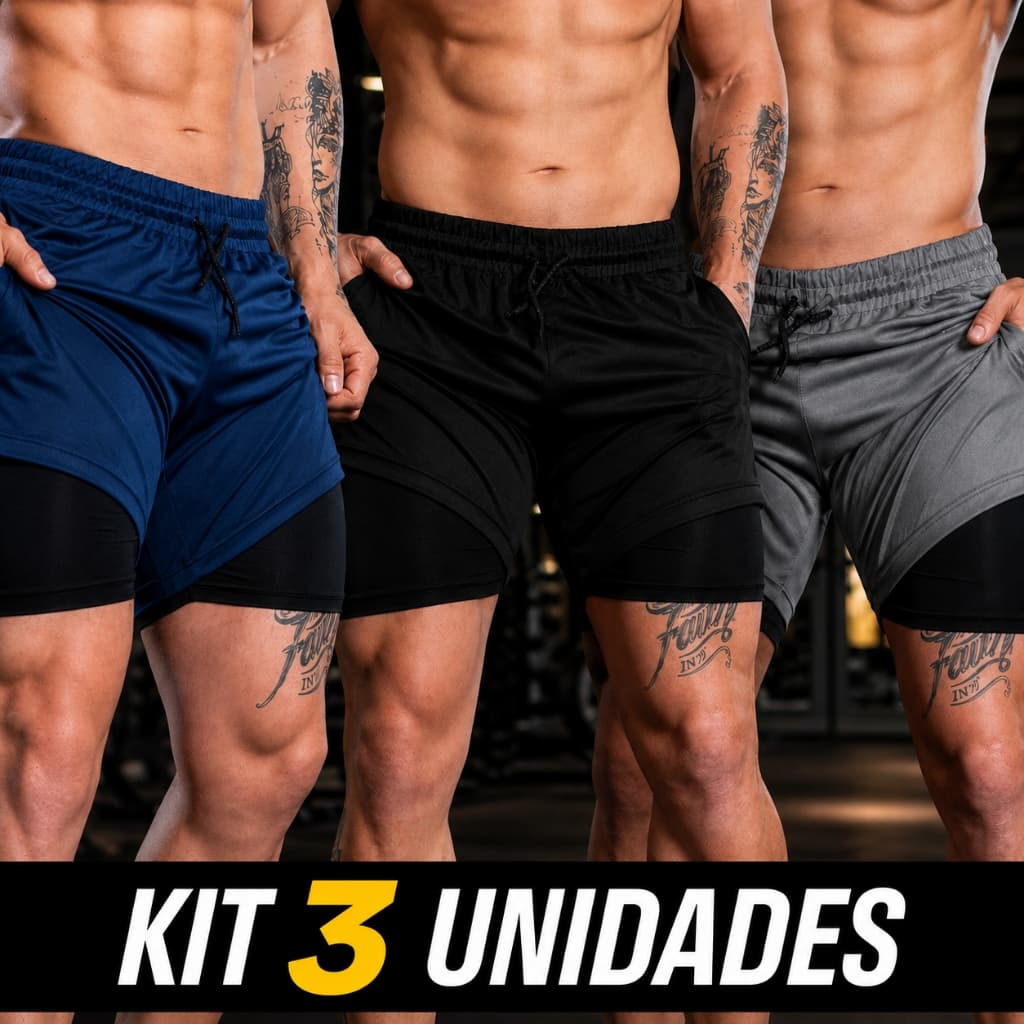 Kit 3 Shorts 2 em 1 Bermuda Academia com Compressão Interna Fitness Treino Corrida Musculação Dry Fit Tecido Tecnológico
