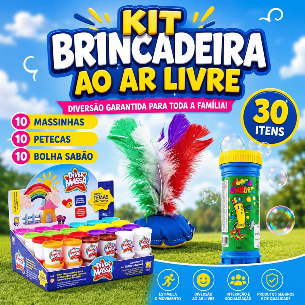 KIT Brincadeira ao Ar Livre Prenda Lembrancinha Peteca Massinha Bolha Sabão