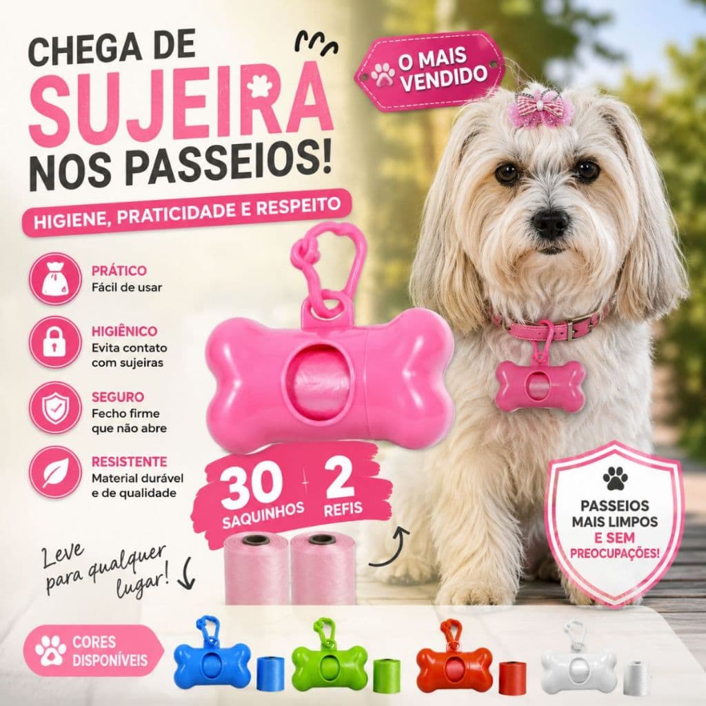 Kit Porta Saquinho Cata Caca Par Cachorro e Gato Com Refil Coletor De Fezes Pet Portátil Suporte Ful