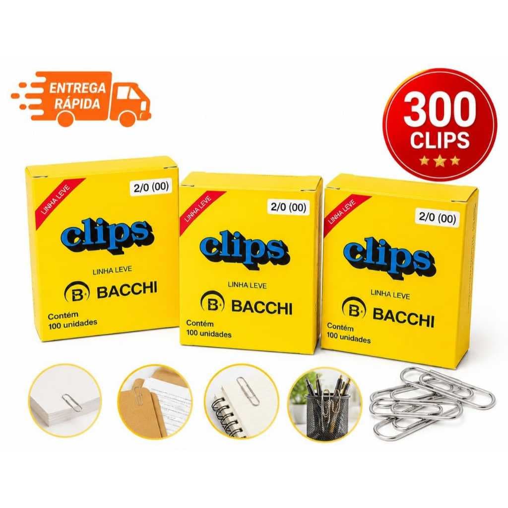 Kit 300 Clips Bacchi 2/0 Linha Leve Caixa 100 Unidades Papelaria Escritório
