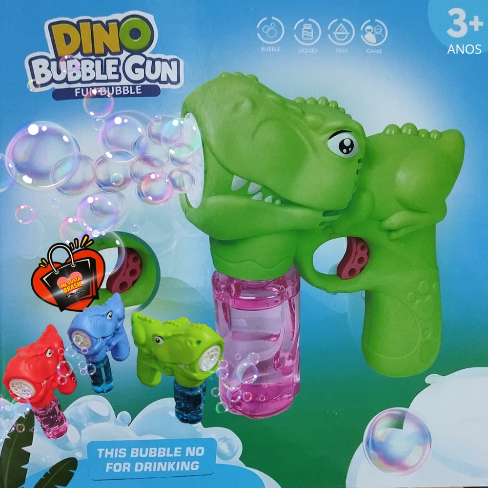 Brinquedo Maquina Lança Bolhas De Sabão Dinossauro Automática Refil 50 ML Led Verde Vermelho e Azul
