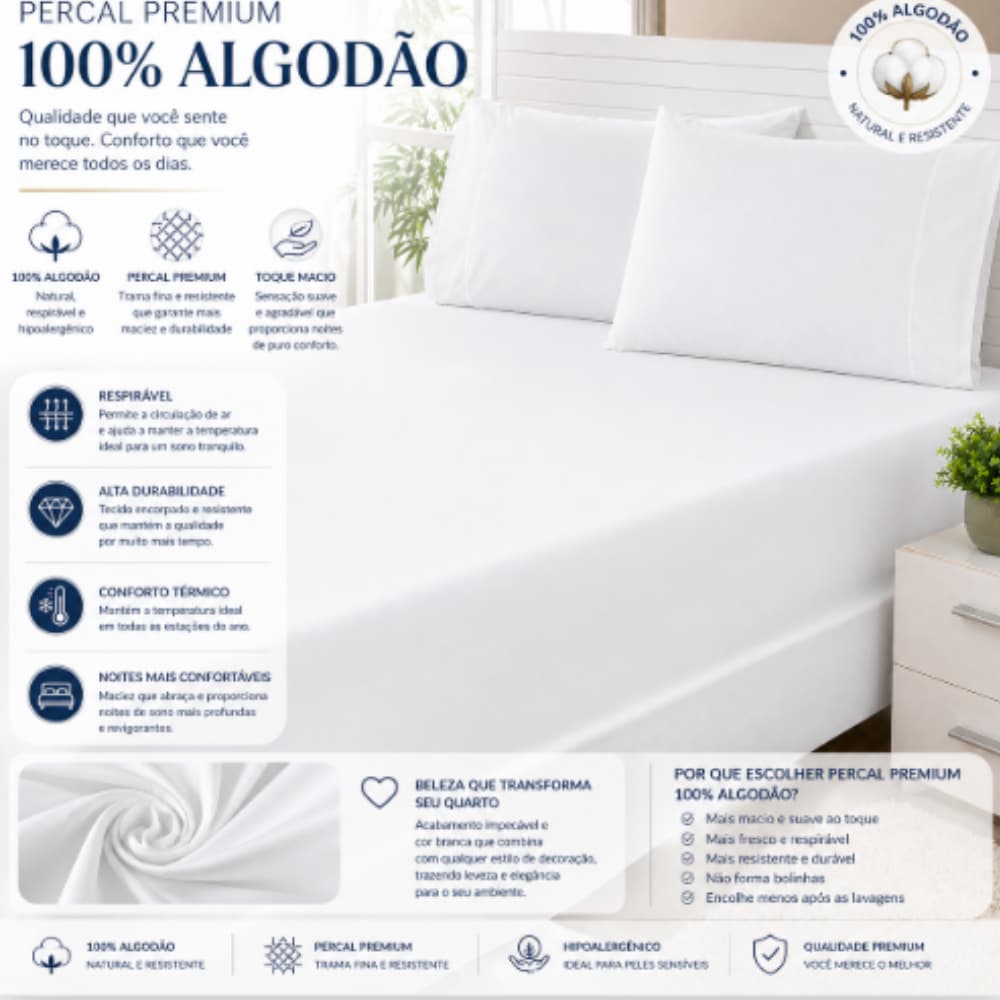 Percal Premium 100% Algodão 180 Fios Toque Macio Luxo e Conforto Largura 2,50cm