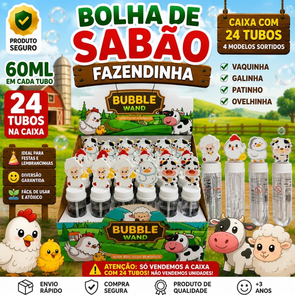Bolha de Sabão Animais da Fazenda – Caixa com 24 Tubos 60ml | Brinquedo Infantil Divertido