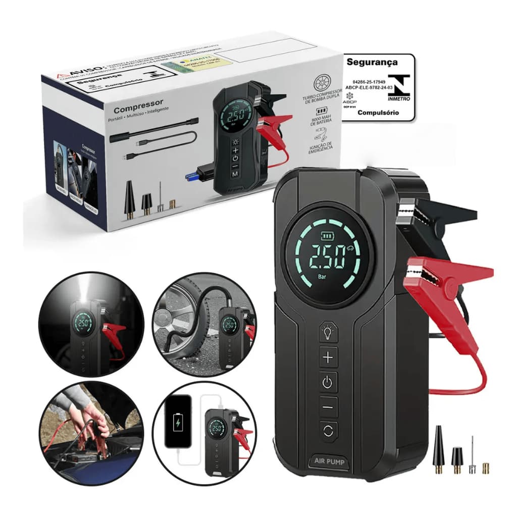 Bomba de Ar Portatil Compressor Inflator Multi-função 4 em 1 PowerBank 8kmah Bateria Calibrador de Carro Auto Pneu FLUX