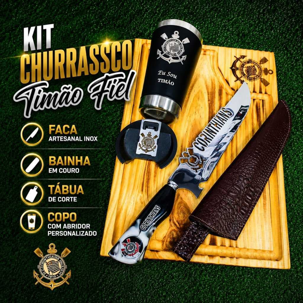 Kit Churrasco Tabua + Faca + Copo Térmico Personalizado Corinthians Premium Gourmet