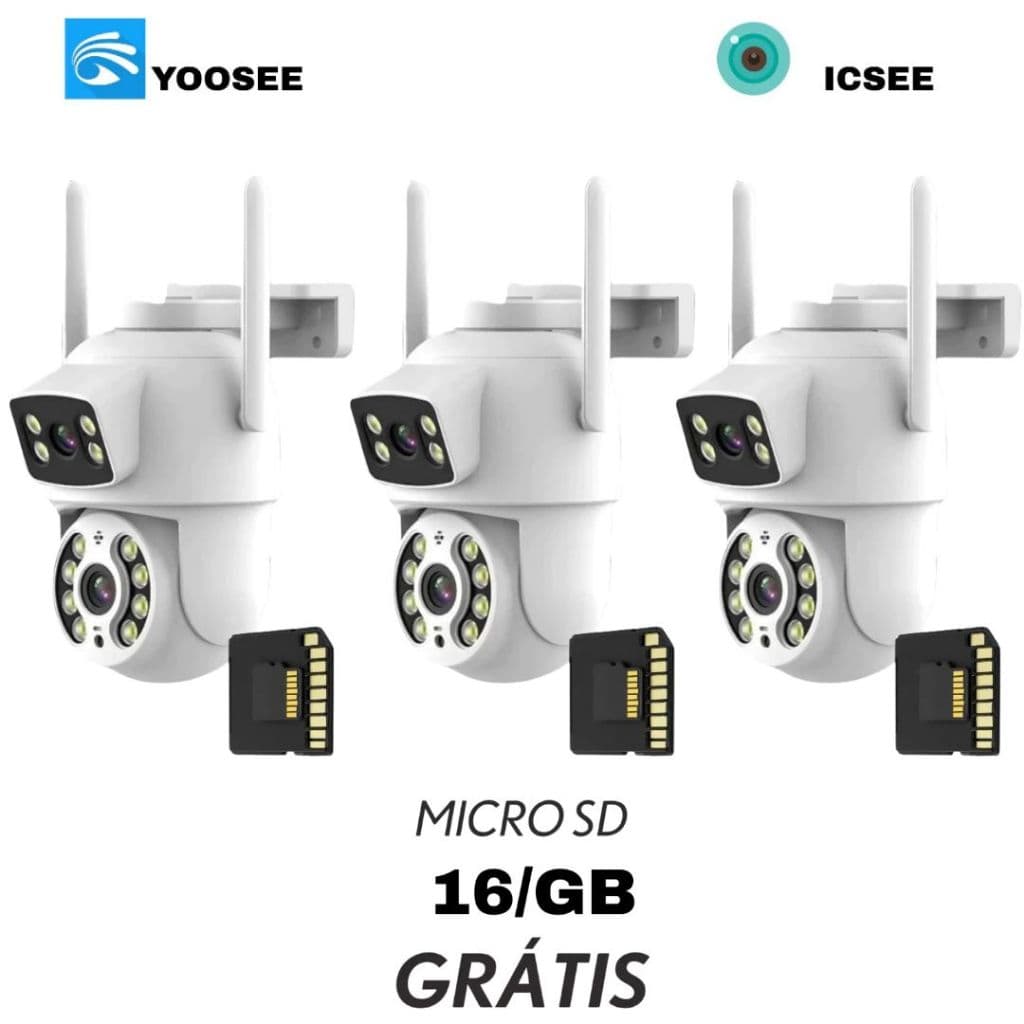 KIT3 Câmera De Segurança Lente Dupla ICSEE/YOOSEE IP66 Wi-Fi 360° Sensor Movimento + MICROSD 16GB