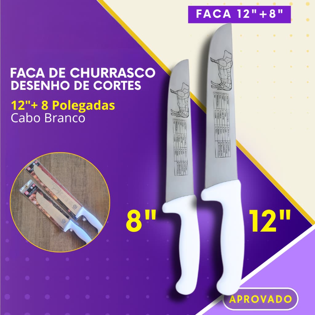 Facas de Churrasco 8" e 12" Faca Carne Açougue Churrascaria Cozinha Profissional Cabo Branco