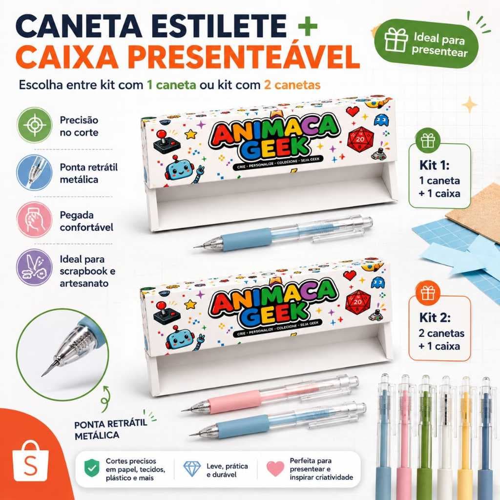 Kit Caixinha Porta Caneta + Caneta Estilete de Precisão Artesanato Corte Fino Papel Tecido Scrapbook