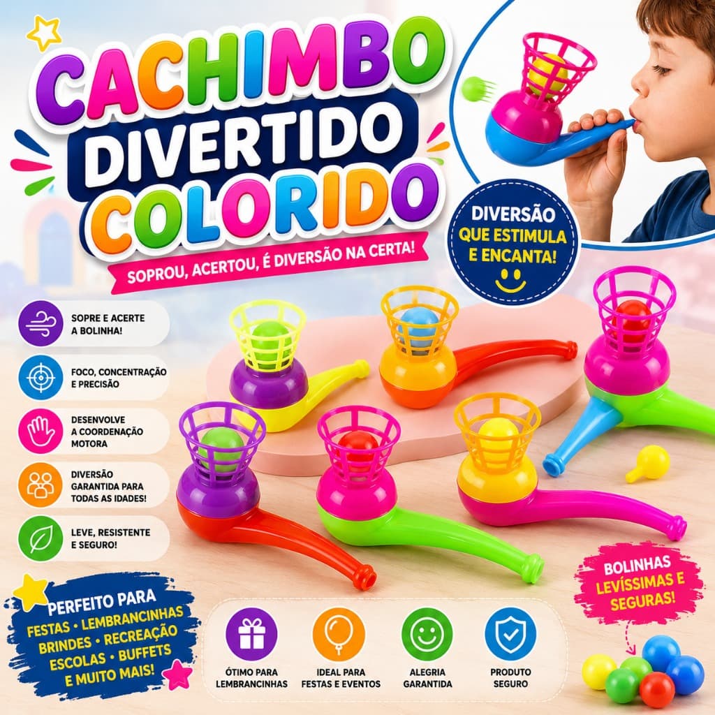 Kit 10 Cachimbos Coloridos Lança Bola Brinquedo Festa Infantil e Coordenação