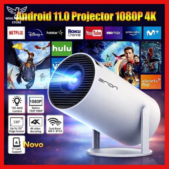 Projetor Portátil HY300 PRO Smart 4K HD Wi-Fi Bluetooth Android 11 Cinema em Casa USB HDMI - Prático E Conveniente
