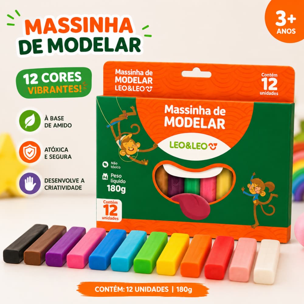 Massinha de Modelar 12 Cores Leo&Leo Brinquedo crianças + 3 ANOS Infantil Educativo Atóxico INMETRO