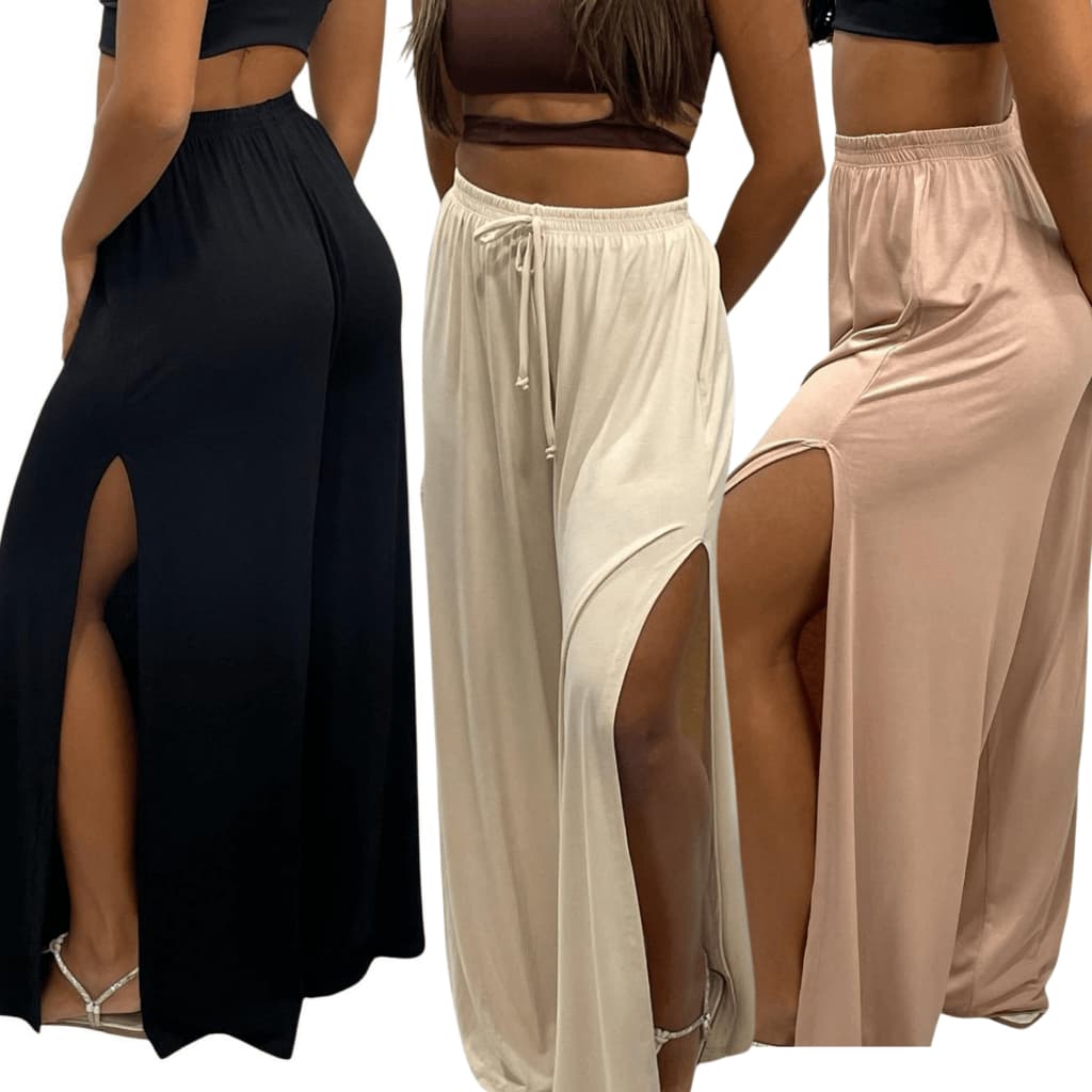 KIT 3 Calça Pantalona Feminina Cintura Alta com Fenda Lateral em Viscolycra Premium
