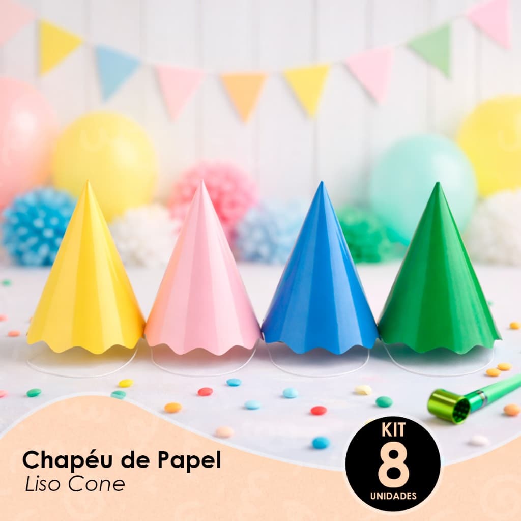 Chapéu De Aniversário Papel Liso Cone 8 Peças Com Elástico Silver Festas