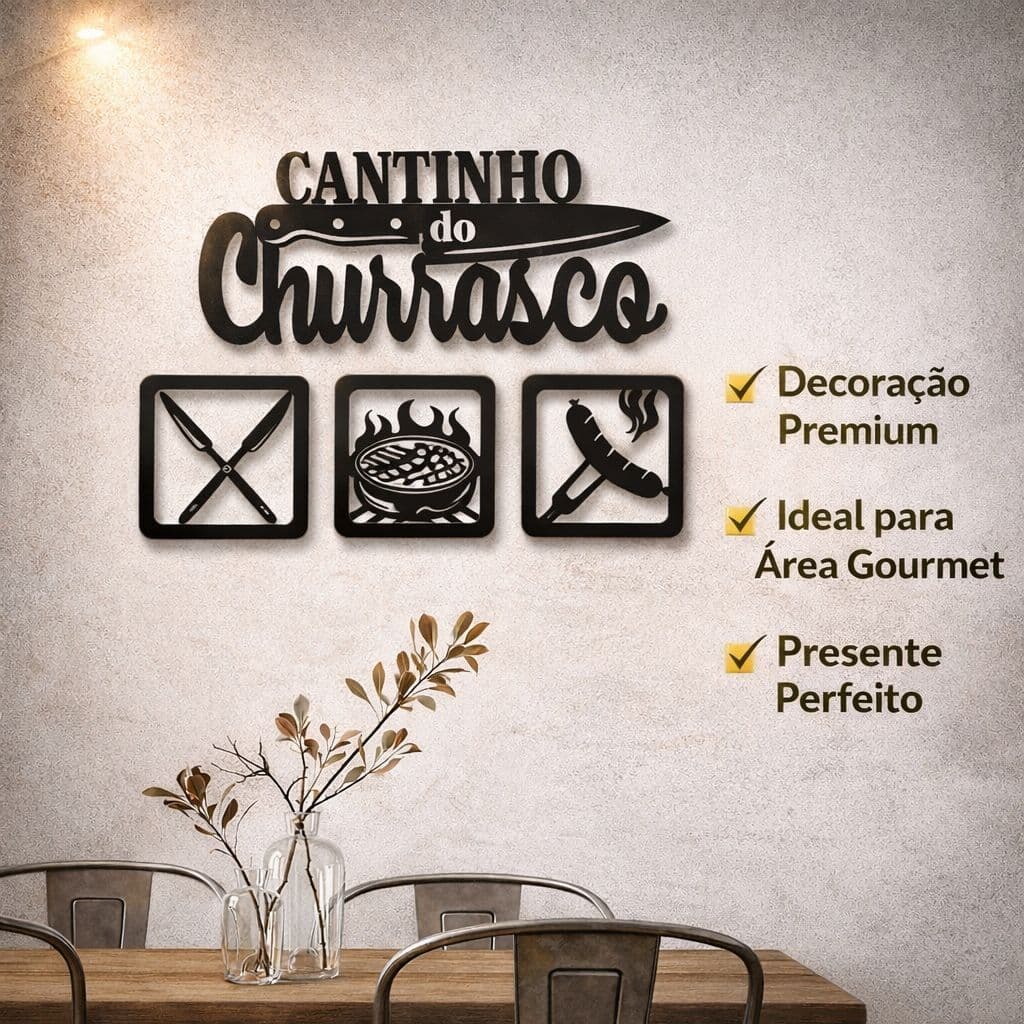 Kit Placa Cantinho do Churrasco com 4 peças Ideal para Area Gourmet