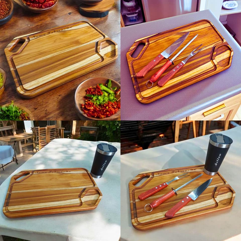 Tábua de Carne Churrasco Personalizada Com Opção  Garfo e Faca e Copo Térmico Monte seu Kit
