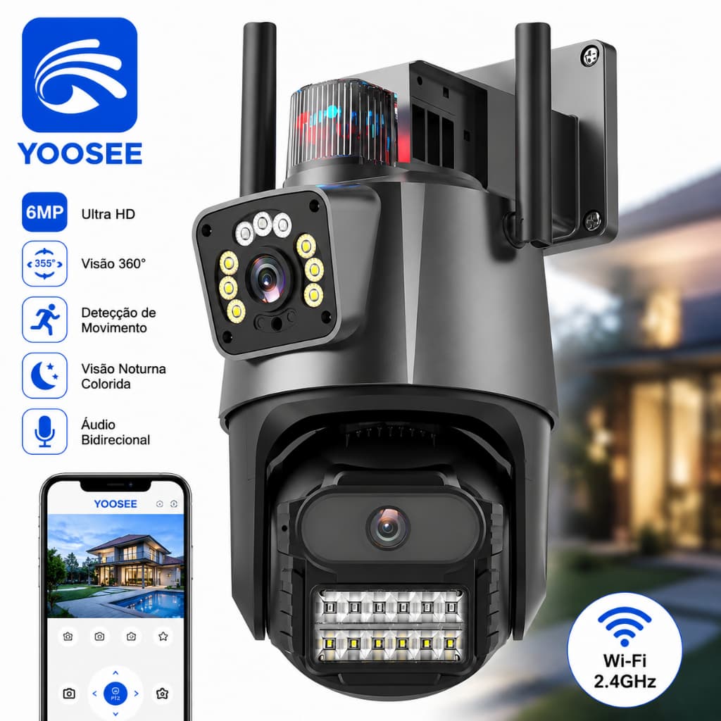 Câmera de segurança externa P11 Wi-Fi YOOSEE/ICSEE IP66 360° 4K 6MP com lente dupla e à prova d'água
