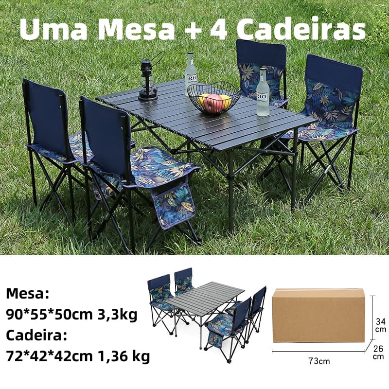 Kit Camping JOYFOX Mesa Dobrável Alumínio + 4 Cadeiras Portáteis com Bolsa para Praia Churrasco