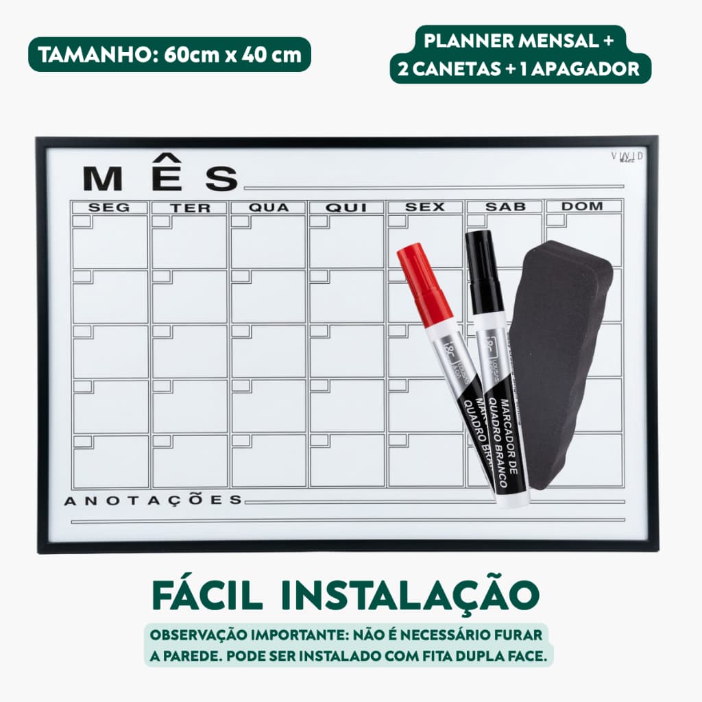 Planner Mensal 60x40cm Organizador de Rotina + 2 Canetas + Apagador + Kit Instalação Planner 2026