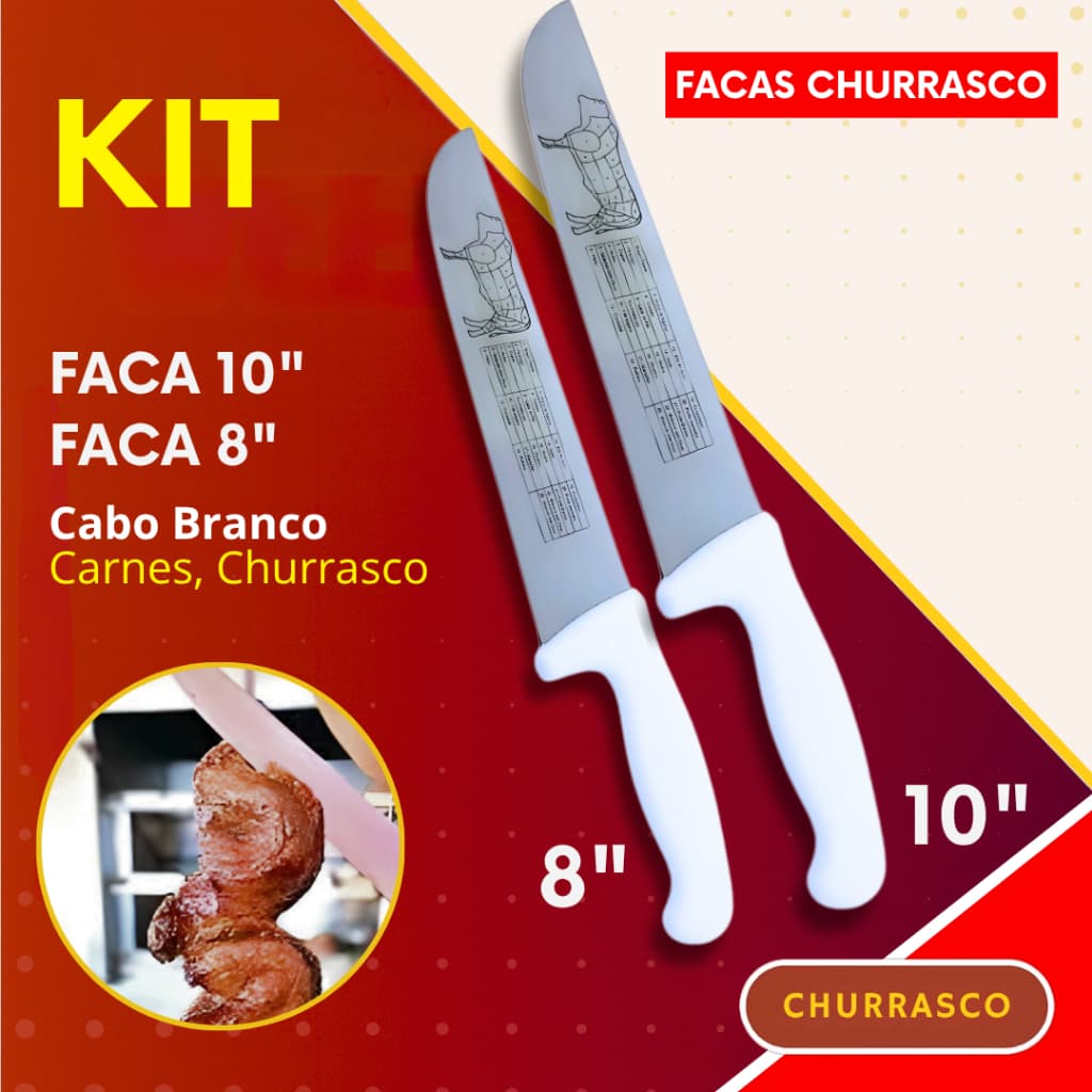 Kit 2- Facas Aço Inox 10" e 8" – Açougue, Churrasco e Cozinha Cabo Branco Faca Churrasco