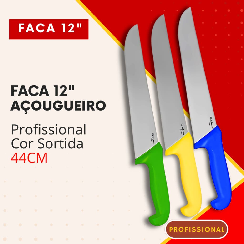 Faca Açougueiro 12" Profissional Churrasco Açougue Cabo Colorido 44cm