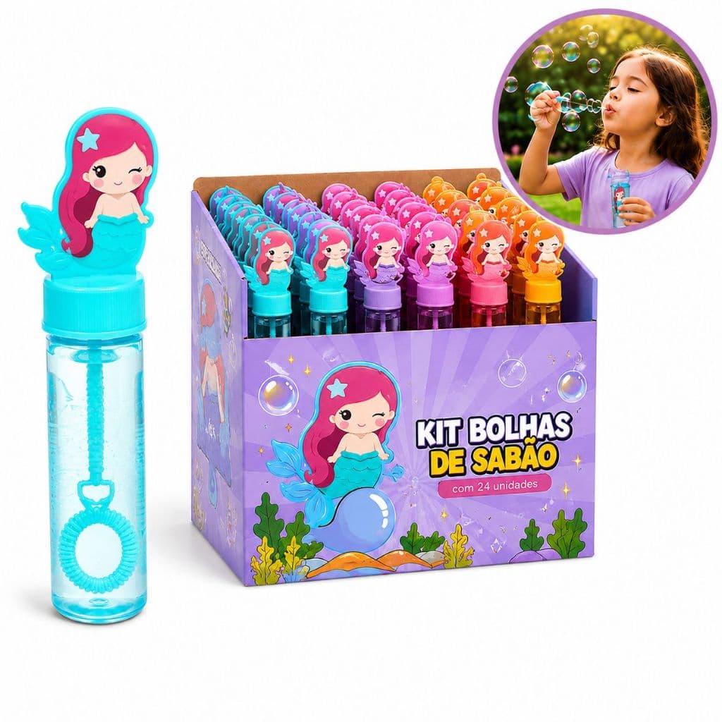 Kit 24 Tubos Lança Bolha De Sabão Sereia Lembrancinha Festa Infantil Aniversário Prenda