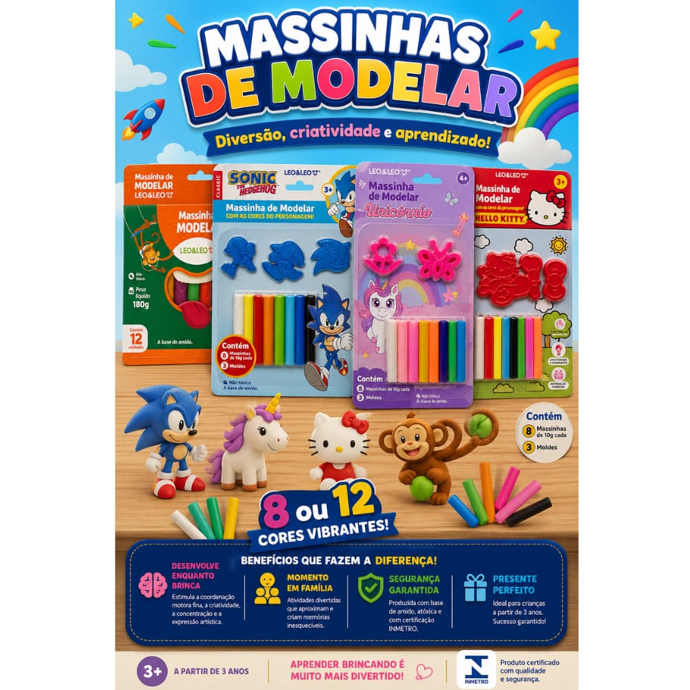 Massinha de Modelar Unicórnio Sonic Hello Kitt Leo&Leo com 8 ou 12 Cores + 3 Moldes Atóxica INMETRO
