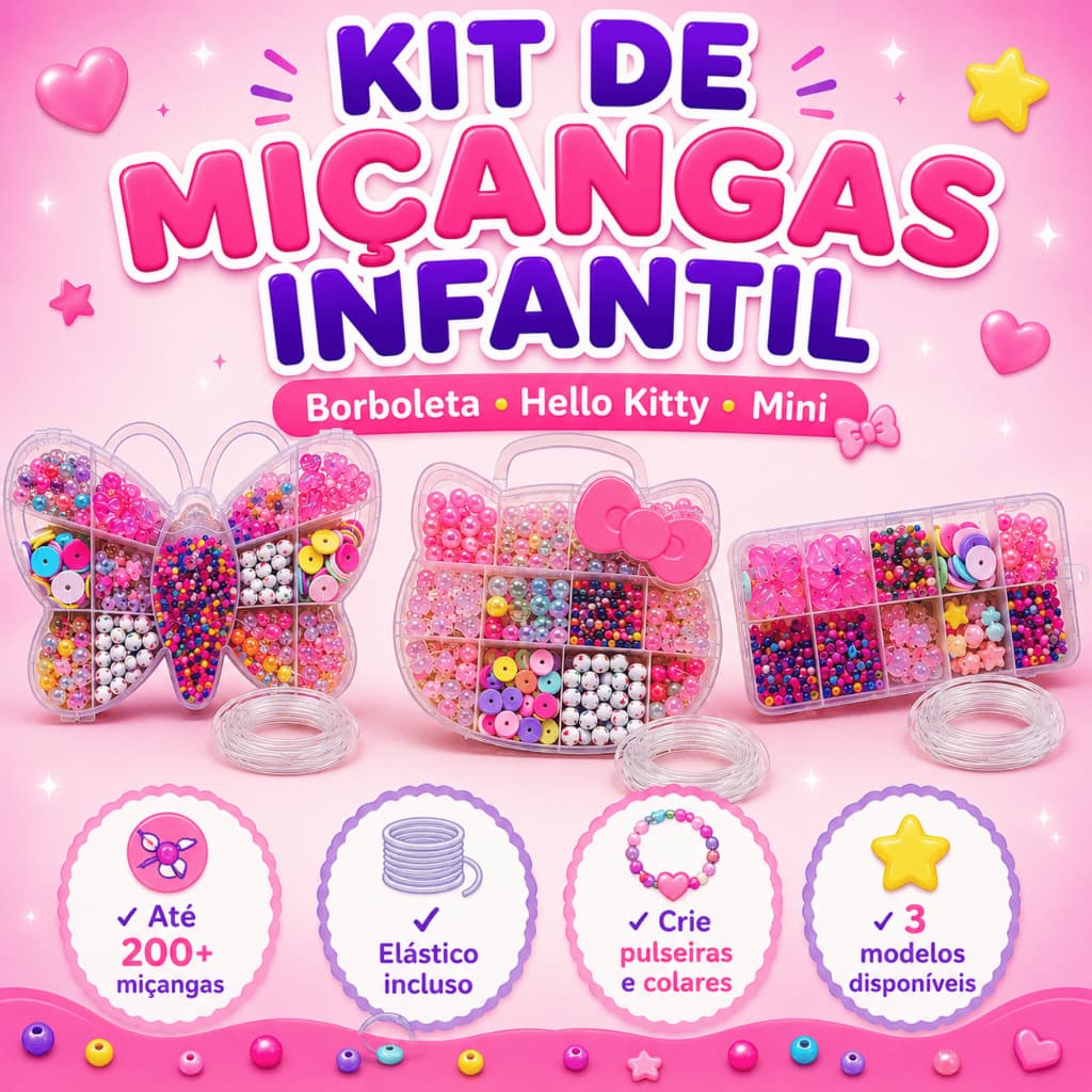 Kit Miçangas Infantil para Pulseiras e Colares Borboleta Hello Kitty Mini com Elástico
