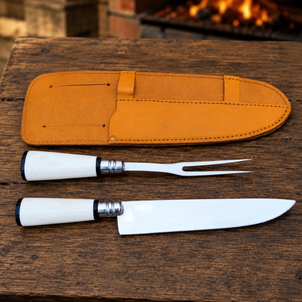Kit Faca Garfo Churrasco Artesanal Personalizado Com Bainha Luxo Chefe de Cozinha Aço Inox 420C