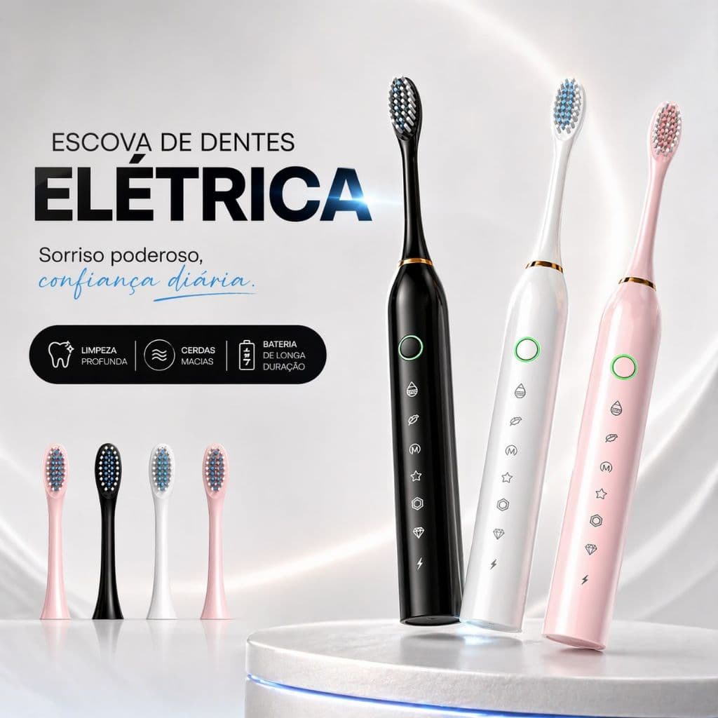 Escova Elétrica Recarregável USB 7 Modos + 4 Refis Impermeável Limpeza Profunda Dentes Branco